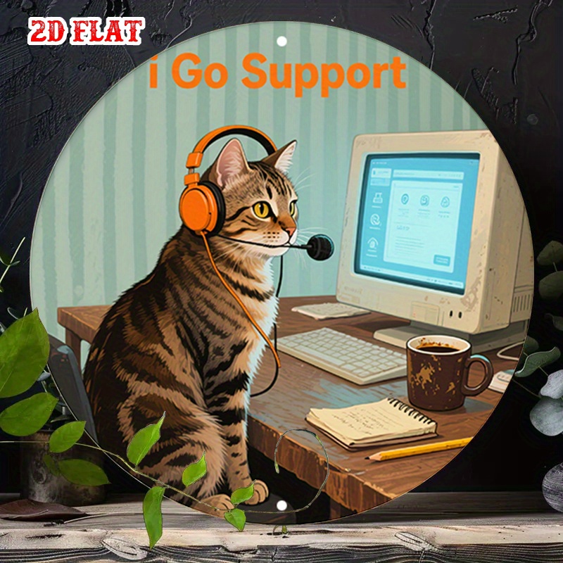 Tech Office Wall - CIFBUY 2D Flache Lustige Tech-Support-Katze Aluminium-Wandkunst