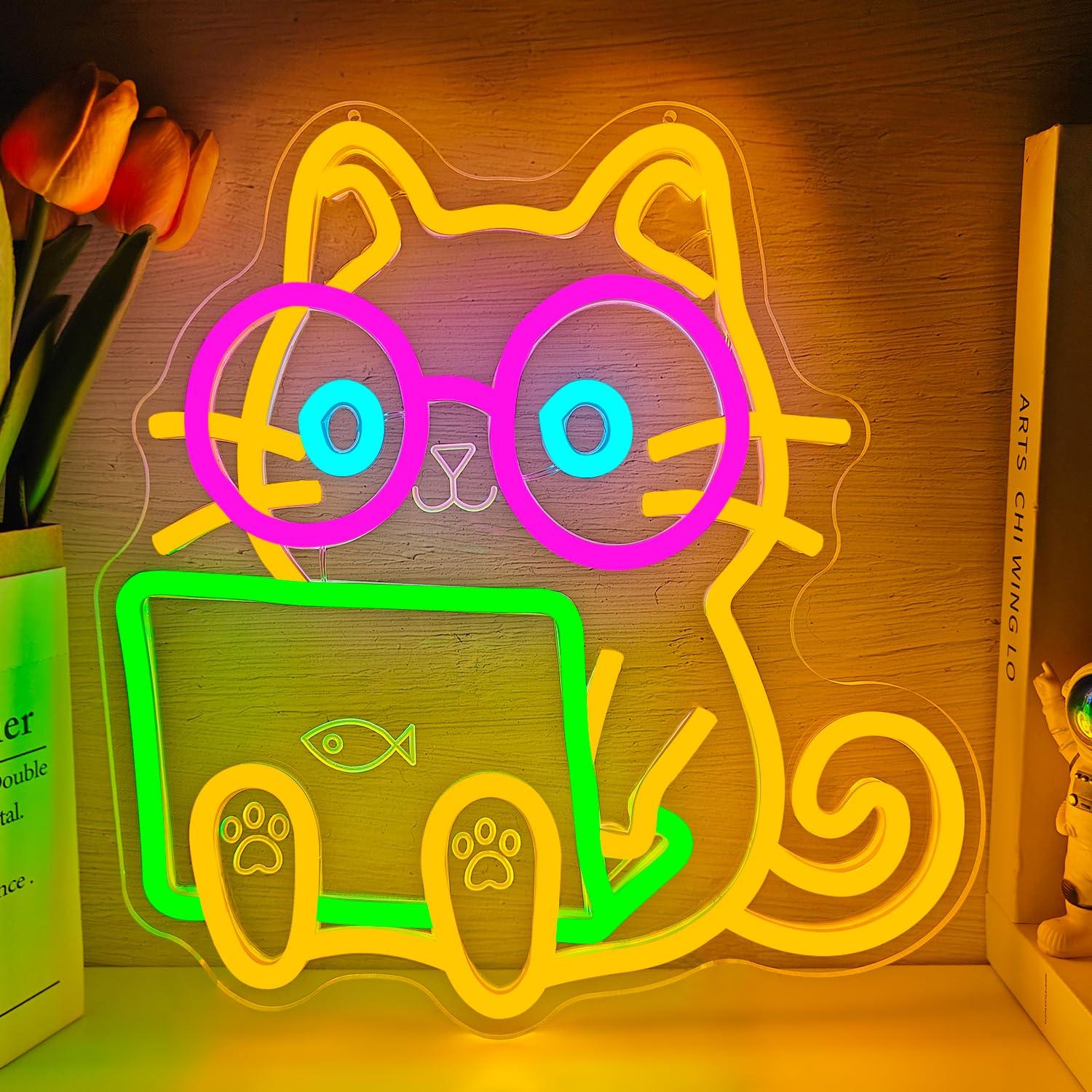 Tech Office Wall - Katzen-Laptop-Neon-Schild, USB-dimmbares LED-Licht für Internetcafé, IT-Büro,